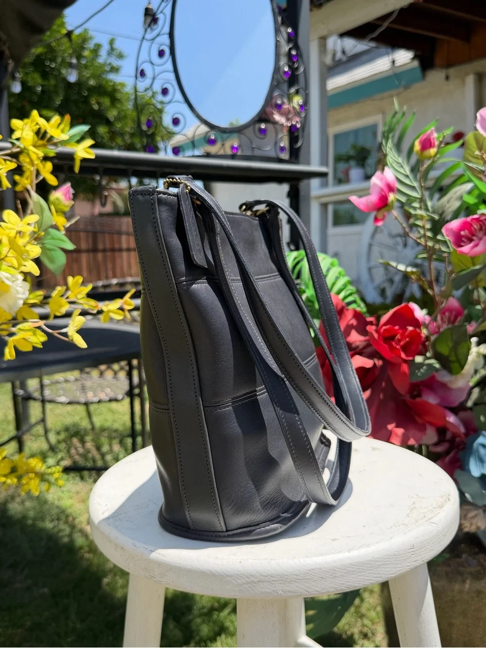 Coach  Black Leather Tote Bag with Bead Charm - Picture 8 of 10